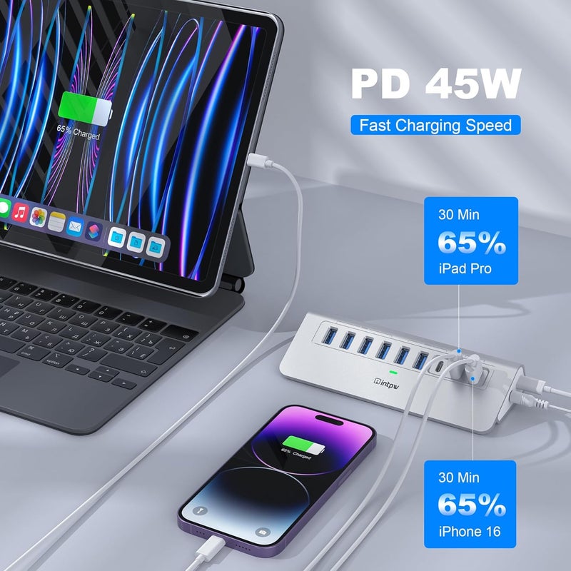 intpw Powered USB Hub 10Gbps, 9-Port USB 3.2 Hub, USB C Hub with USB A/USB C 3.2, 4 USB 3.0, 2 PD 45W Charging Ports, 65W Power Adapter and 3.3FT Cable, Aluminum USB Hub for Laptop, iPhone 17/16/15，PC - Image 4